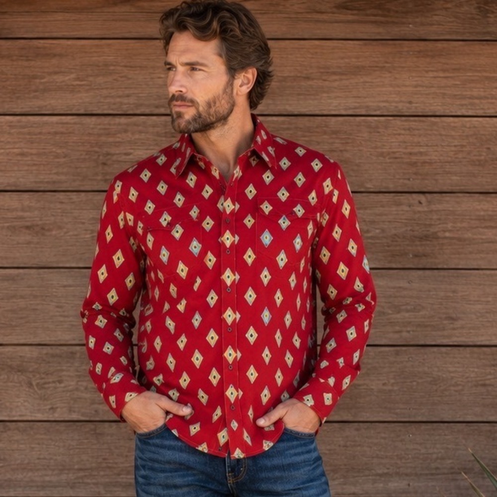 Ryan Michael Western Shirt Mens L Red Cotton Tencel Geometric Snap Boho Cowboy